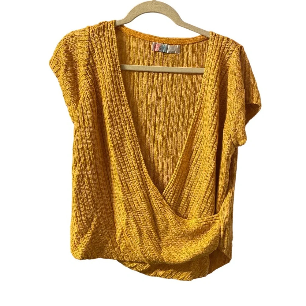 Free People Mustard Yellow Ribbed Surplice Knit Top